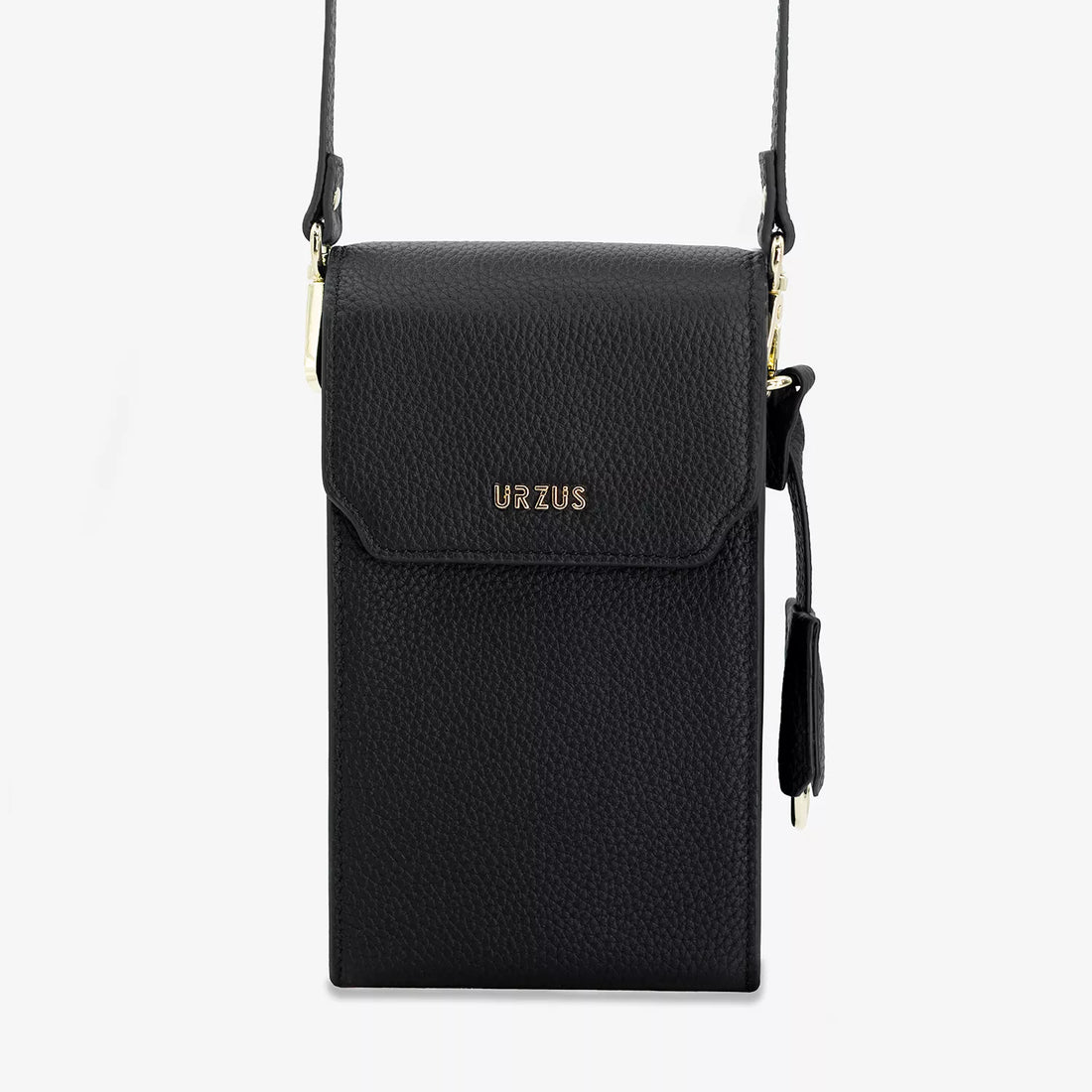 Boreal Bolso Cruzado Compacto en cuero Negro de Urzus, vista frontal — diseñado para llevar billetera y tarjetero con seguridad.