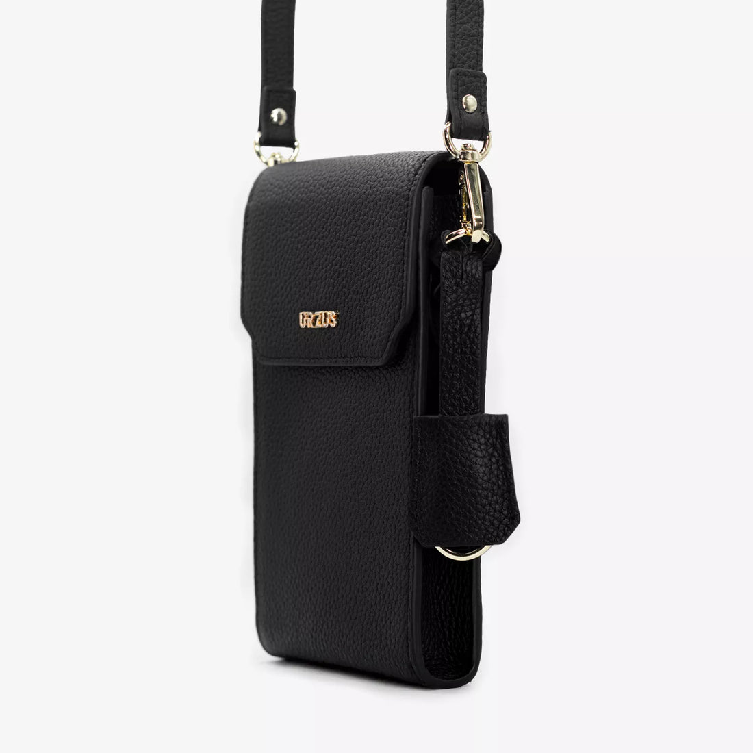 Boreal Bolso Cruzado Compacto en cuero Negro de Urzus, vista frontal — diseñado para llevar billetera y tarjetero con seguridad.