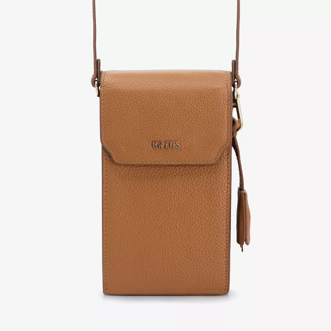 Boreal Bolso Cruzado Compacto en cuero Marrón de Urzus, vista frontal — diseñado para llevar billetera y tarjetero con seguridad.