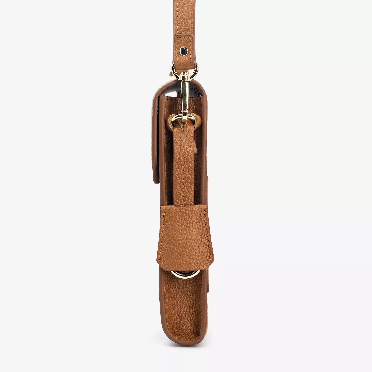 Boreal Bolso Cruzado Compacto en cuero Marrón de Urzus, vista lateral — diseñado para llevar billetera y tarjetero con seguridad.